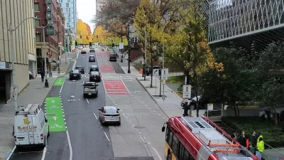 View of Madison St dedicated bus lane in Seattle, Washington.