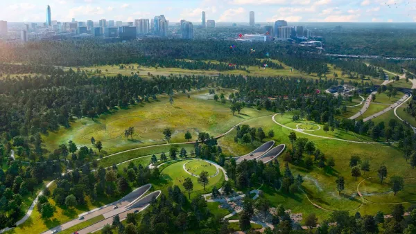 Rendering of aerial view of Memorial Park land bridge with Houston skyline in background