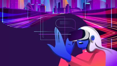 A rendering of a woman wearing a virtual reality headset, swiping through virtual reality landscapes.