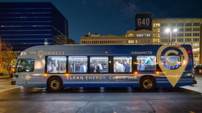 Blue Connect 1 bus at nighttime in Milwaukee, Wisconsin