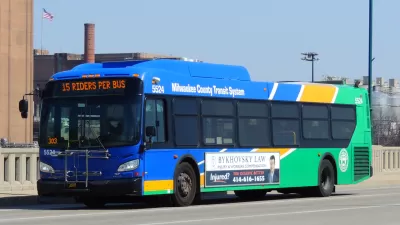 Blue Milwaukee public transit bus.