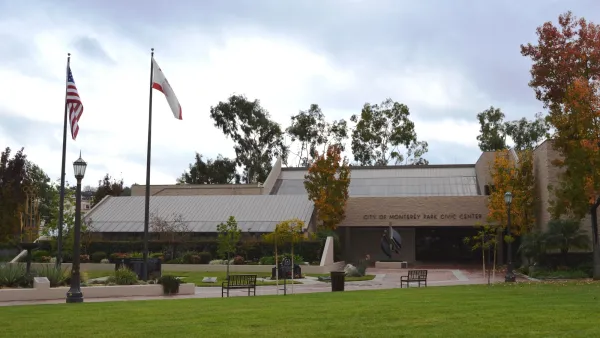 Simple, modernist Monterey Park City Hall building.