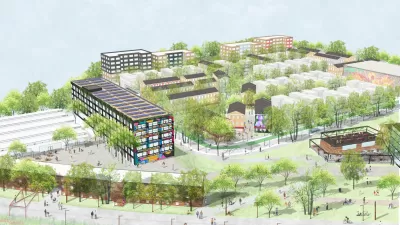 A rendering of a proposed development, with apartment buildings and neighborhood-serving retail.