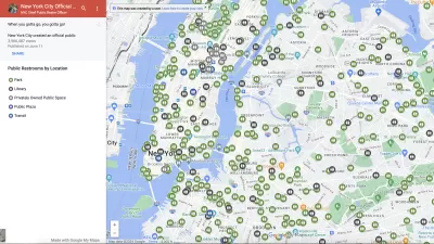 Map of Long Island, NY, with hundreds of restroom place markers all over it.