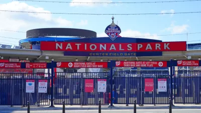 The centerfield gate of Nationals Park, home of the Washington Nationals Major League Baseball team, is shown closed and devoid of fans.