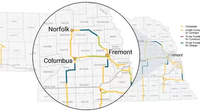 A map showing planned and under-construction segments of roads in Nebraska.