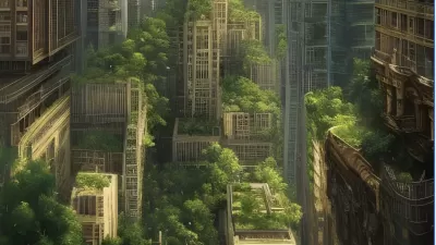 A futuristic version of New York City, with plants growing neatly on top of modern skycrapers.