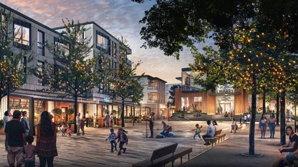 Rendering of public plaza with peopple and benches at night in California forever planned development.