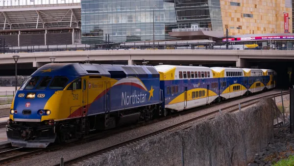 Blue and yellow Northstar commuter train.