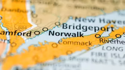 A map of the Connecticut shoreline along the Long Island Sound highlights the cities of Norwalk and Bridgeport, among others.