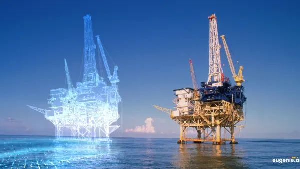 Photo of offshore oil right with digital twin model illustration next to it.