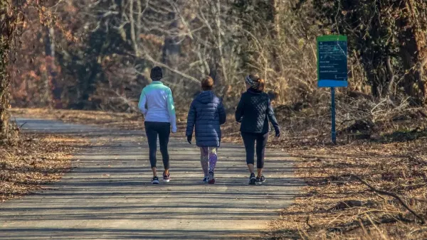 Three people walking away from camera on a park trail.