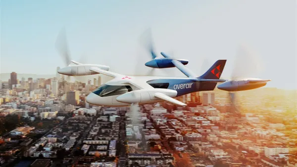Rendering of white and red air taxi flying over cityscape.
