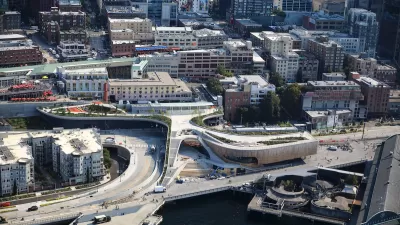 Aerial view of Overlook Walk cap park over former Alaskan Way Viaduct in Seattle, Washington.