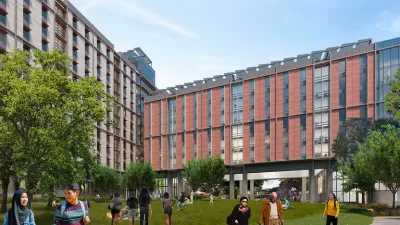 Rendering of red seven-story student housing building with students walking in open grassy plaza in front of building