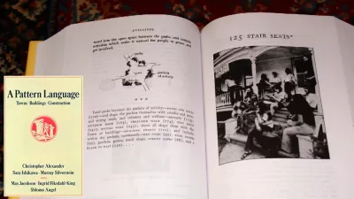 The cover of the book "A Pattern Language" by Christopher Alexander is shown next to a page from the booking--the latter shows "stair case steps."