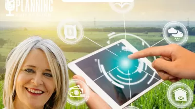 Graphic of Maggi Adamek superimposed over green field and image of hands holding tabletfor The Planning Commission Podcast