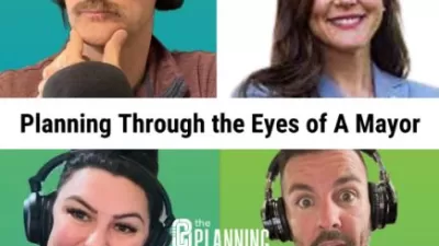 The Planning Commission podcast title card with headshots of three hosts and guest