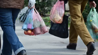 Two people carry groceries in plastic grocery bags.