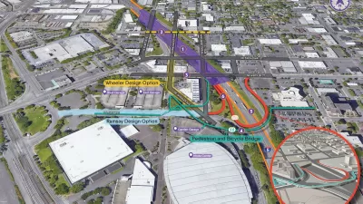 Diagram of proposed Interstate 5 improvement project in Portland, Oregon showing new freeway cap and pedestrian and bicycle bridge.