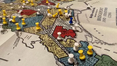 HOLC map of Bridgeport, Connecticut with yellow push pins on it