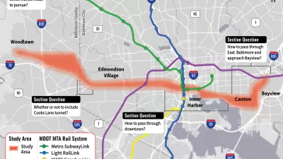Map of proposed Baltimore Red Line transit line alignment with white boxes showing open questions