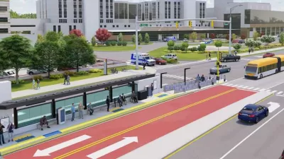 Rendering of proposed bus rapid transit station with dedicated bus lanes in Raleigh, North Carolina.