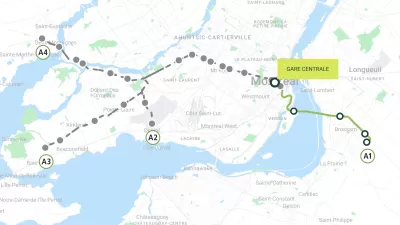 A map of the Réseau Express Métropolitain where it cuts across the Montreal region.