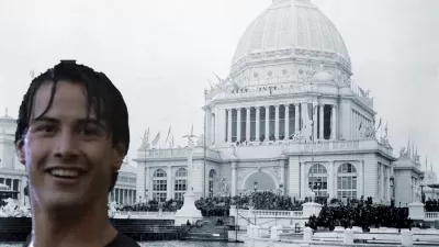 A image of the World's Columbian Exposition overlayed with a picture of Keanu Reeves in the rain from the movie Point Break.