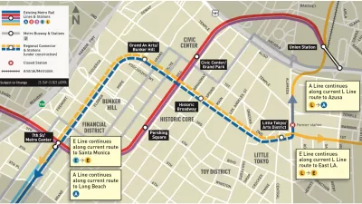 A map of the construction project to build two new rail transit routes through Downtown Los Angeles.