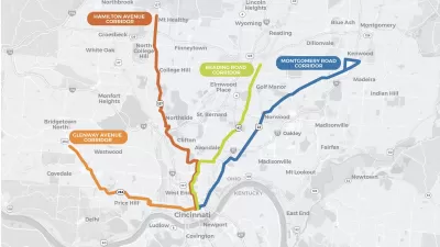 A map shows four proposed transit routes into and out of Cincinnati.