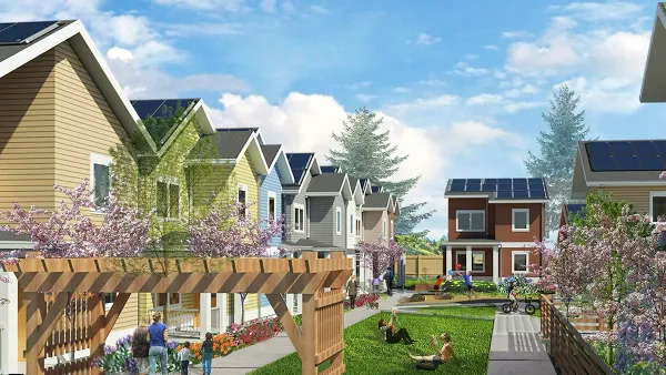 Rendering of row of colorful homes with pergola with purple flowers.