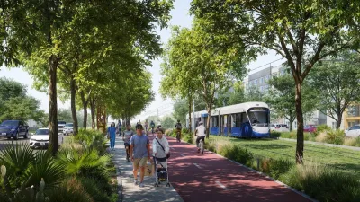 Rendering of blue and white light rail train passing next to tree-shaded walkway with pedestrians in Austin, Texas.