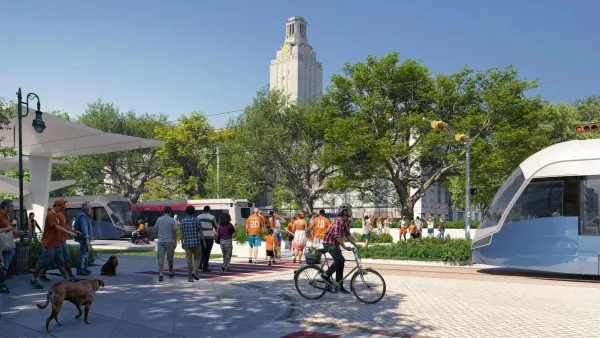 Rendering of light rail station with people walking around and white train pulling in with UT Austin clock tower visible in background.