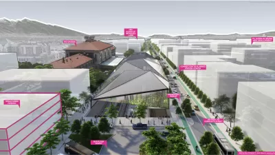 A conceptual rendering of a revamped train station in a historic corner of Salt Lake City.