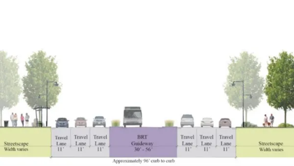 A diagram showing the street lanes for a proposed bus rapid transit route. 