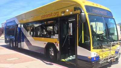 Blue and yellow 40-foot public transit bus in San Luis Obispo.