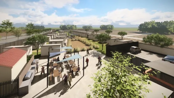 Rendering of micro-community with tiny homes and communal patio space for unhoused people.