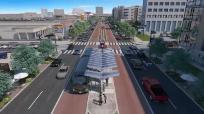Rendering of bus rapid transit station in center of four-lane street in San Antonio, Texas.