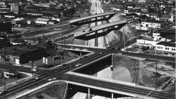 1965 photo of Rose Quarter freeway interchange in Portland, Oregon.