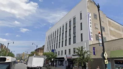 Google street view of white parking garage building in Chicago in 2018 prior to conversion to apartments