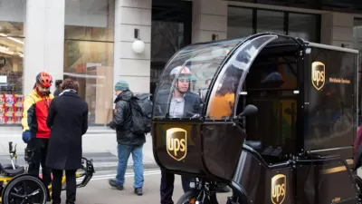UPS delivery cargo bike with covered front seat in New York City