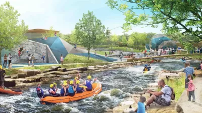 Rendering of kayakers on river and people sitting on riverbank in new park