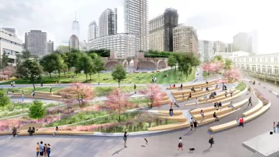 Rendering of tiered park with trees and benches at Battery Place