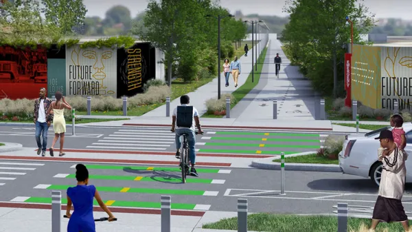Rendering of Joe Lewis Greenway at crossing withh street with green striped crosswalk 