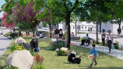 Rendering of landscaped street with street trees and pedestrian sidewalk