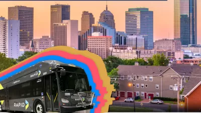Graphic of gray Oklahoma City rapid bus against photo of Oklahoma City skyline