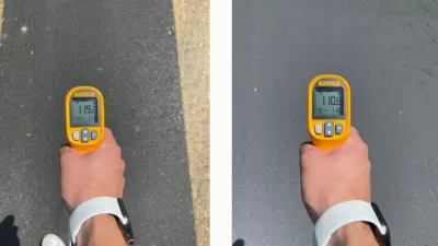 Side-by-side photos of hand holding thermometer above pavement; left photo shows 119 degrees, right photo shows 110 degrees, illustrating the effect of a cool pavement treatment.