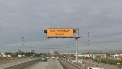 Google street view of yellow "End Freeway 1/4 mile" sign on 90 freeway in Los Angeles, California.