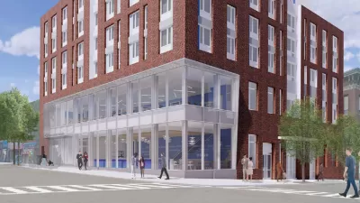 Rendering of reconstructed Sunset Park library branch in Brooklyn, NY with housing above ground-floor library branch.
